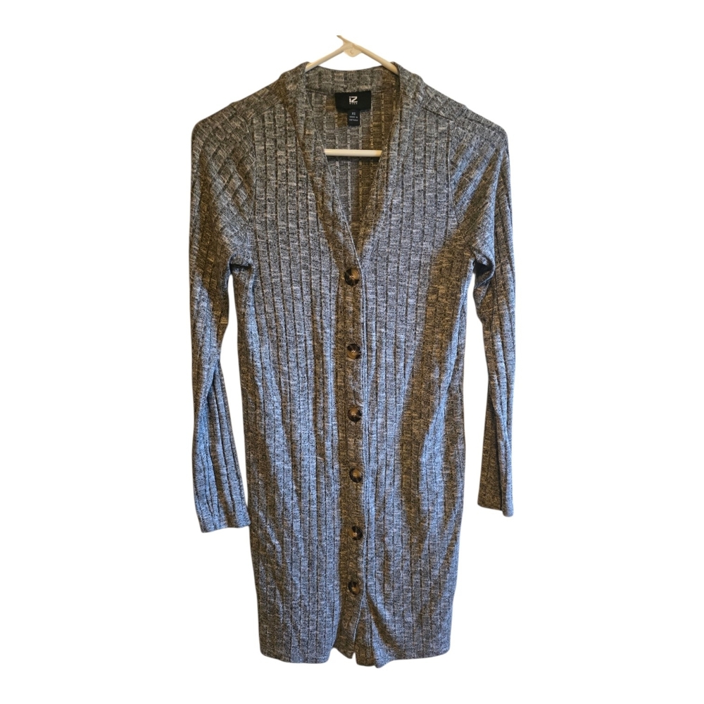Iz Byer Heather Gray Ribbed V-Neck Cardigan Dress